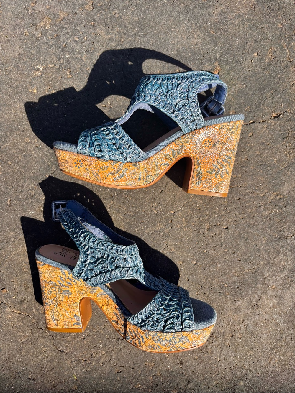 Teal Crochet Platform Boho Heels - Women Shoes Sz 7